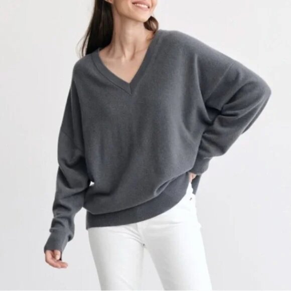 Jenni Kayne Womens Charlie Cashmere V-Neck Knit Sweater L Oversized Gray Cozy - Picture 3 of 12